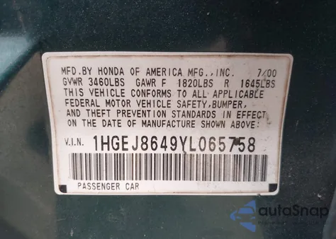 2000 Honda Civic Ex z USA, uszkodzony, nr VIN 1HGEJ8649YL065758